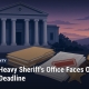 Illustration of a courthouse, records folders, a gavel and a sheriff's star